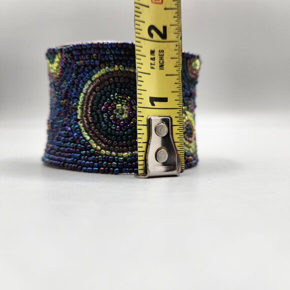 Seed Bead Peacock Toned Hammered Metal Bracelet Bangle Cuff 2" Adjusts to Fit - Picture 8 of 8